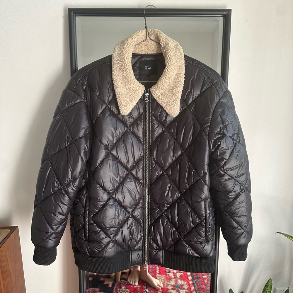 Rails — Black Quilted Jacket with Sherpa Collar — Medium